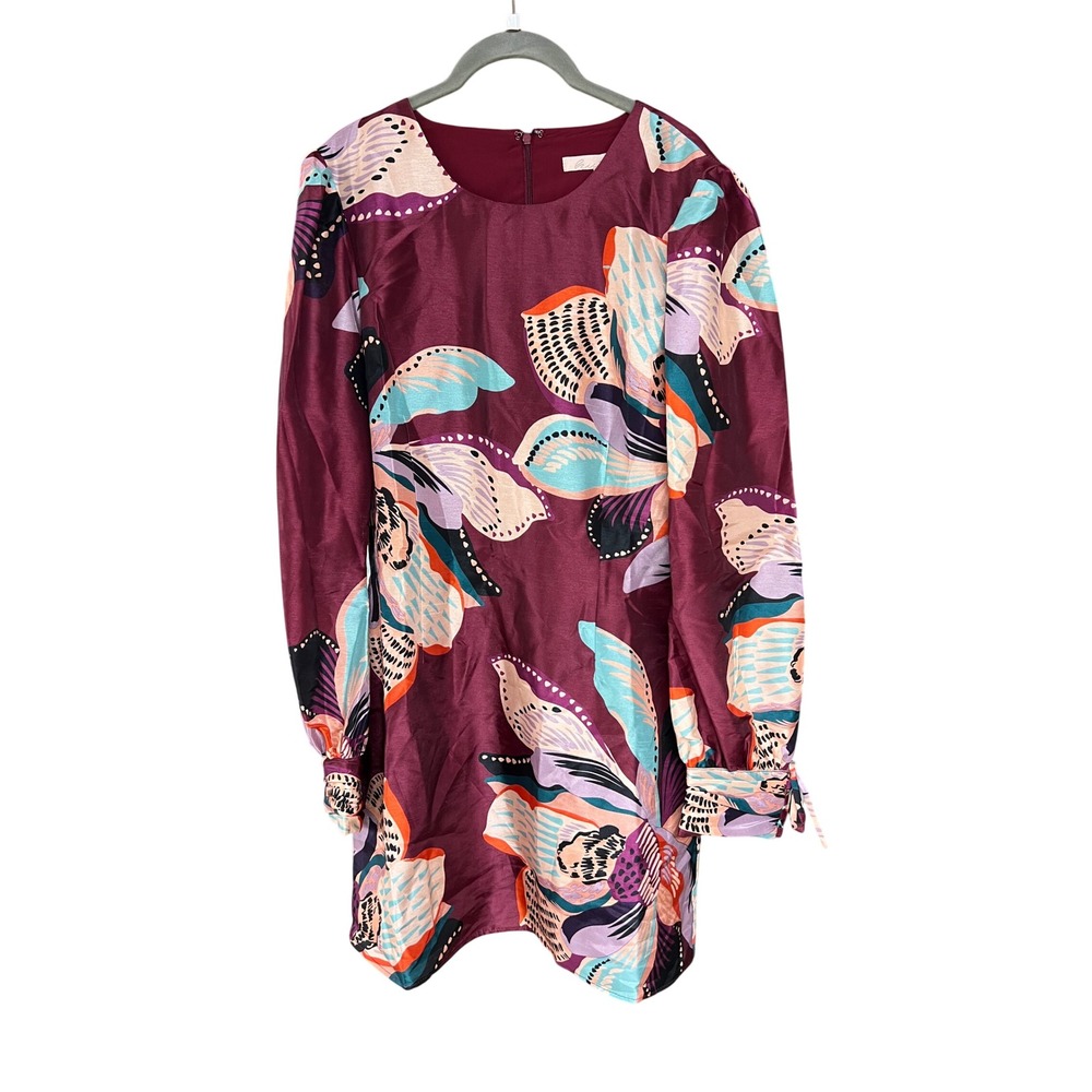 Hutch Burgundy Floral Satin Puff Sleeve Mini Dress Tie Cuff Deva NWT Size L - Picture 4 of 8